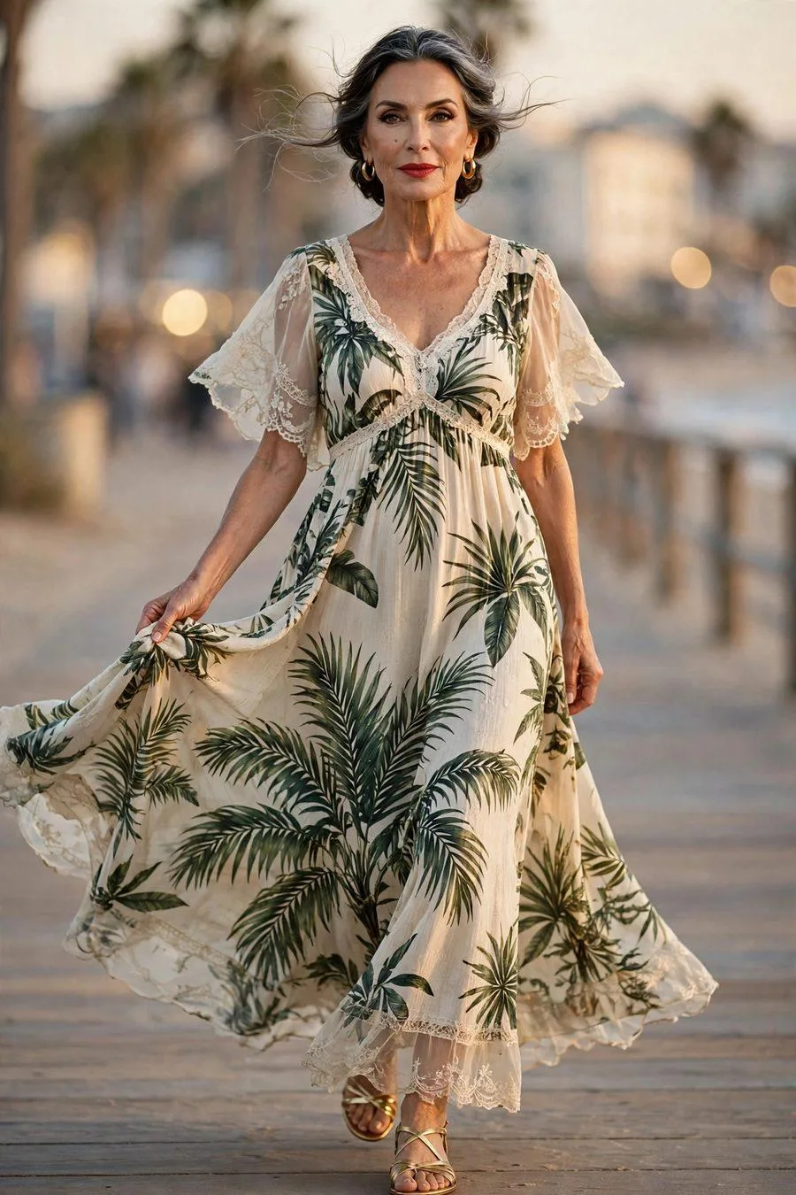 Mature woman in tropical print flowy maxi dress with strappy sandals at sunset