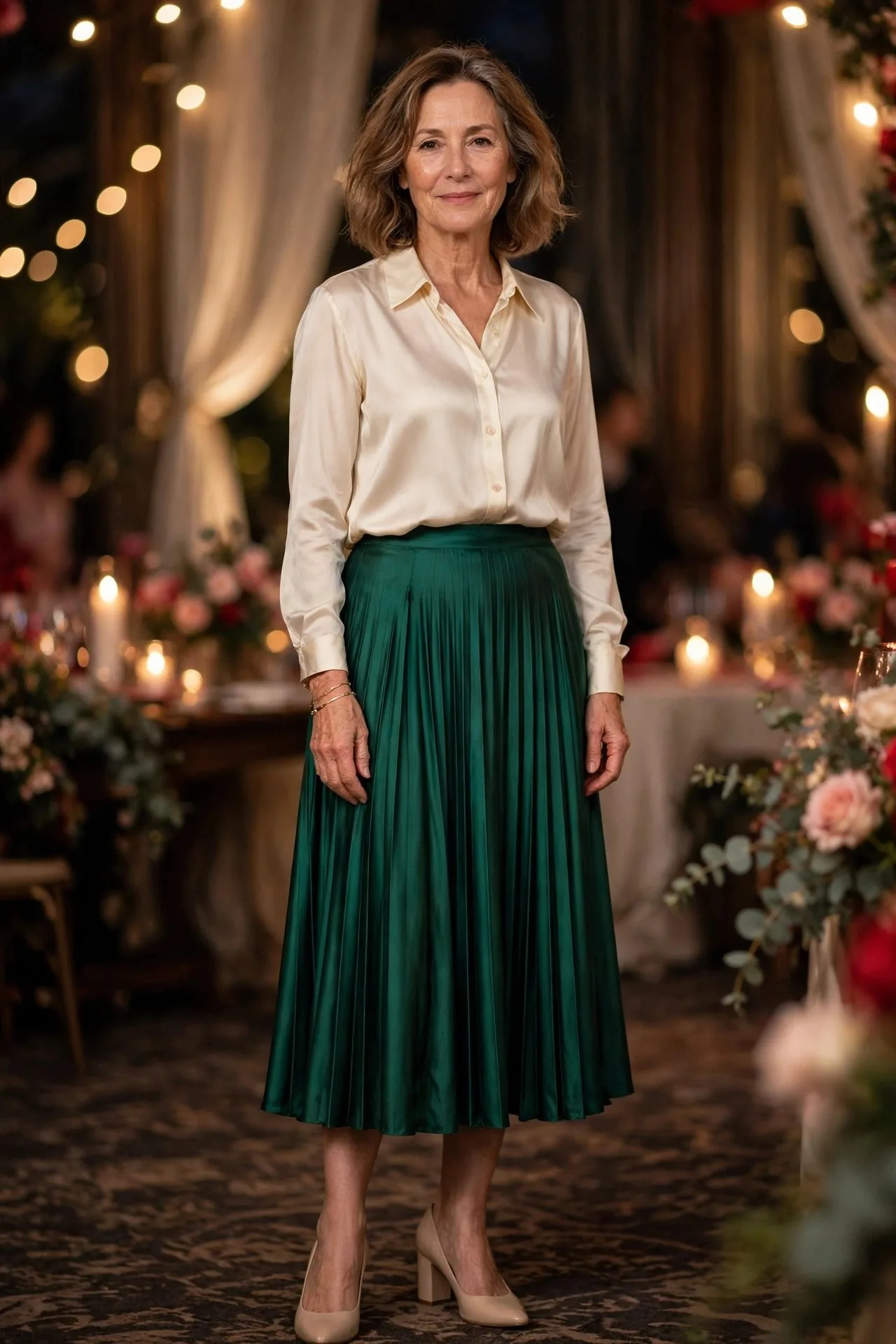 Woman over 50 in emerald satin skirt and cream silk blouse