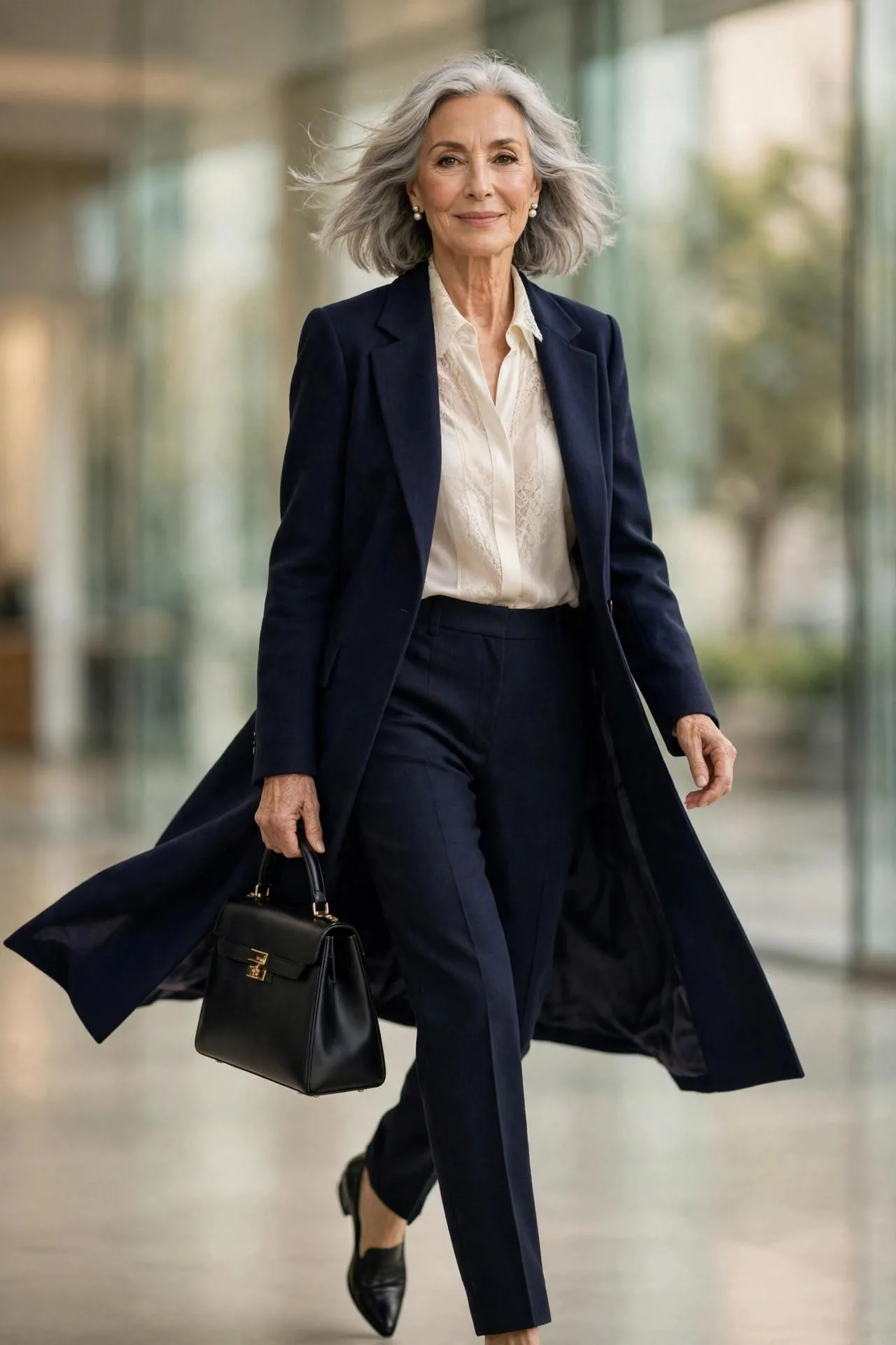 Confident 58-year-old woman striding gracefully in a modern glass office lobby.