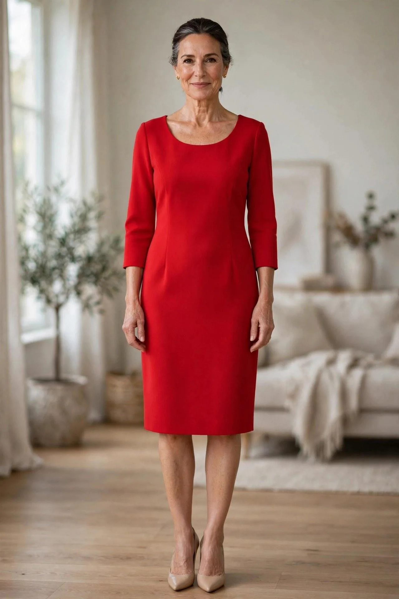 Striking woman over fifty in a vivid red sheath dress and beige pumps — powerful chic style in classic clothes for women.