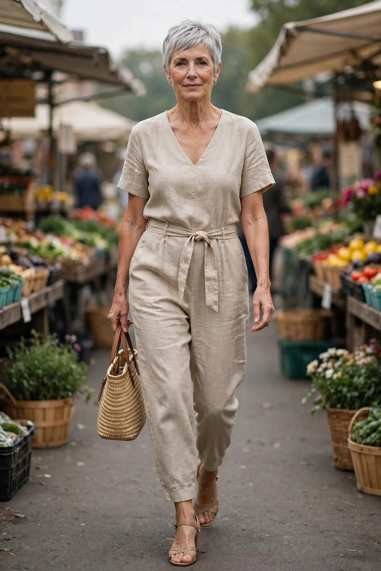 Radiant mature lady in comfortable flax-colored linen jumpsuit for daytime outing
