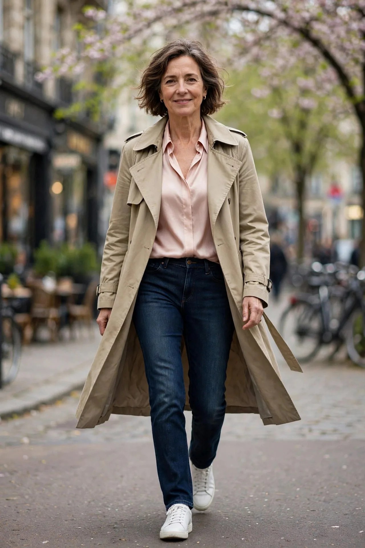 Woman over 50 in stone trench with blue silk shirt and jeans