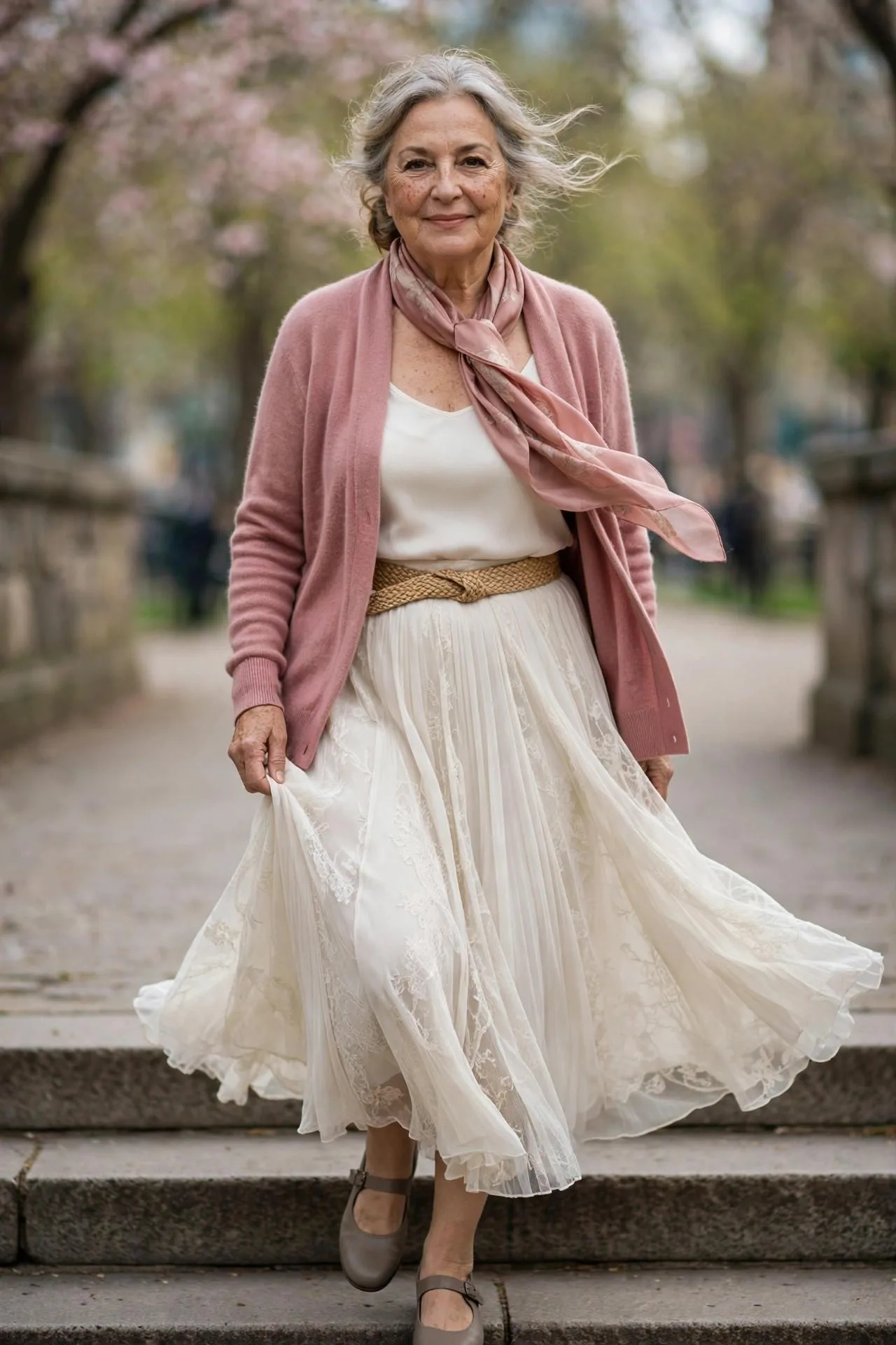 Warm 66-year-old woman descending stairs in a spring city park setting.