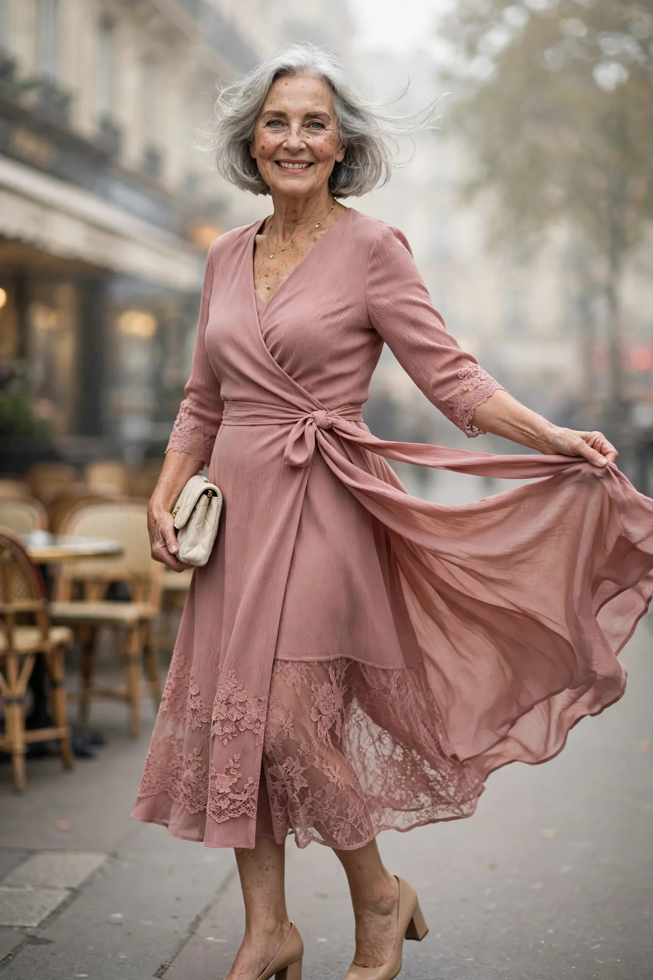 Church Pew Wrap Dress — A dusty-rose crepe true-wrap midi dress with three-quarter sleeves and a modest V-neckline, tied at the waist.