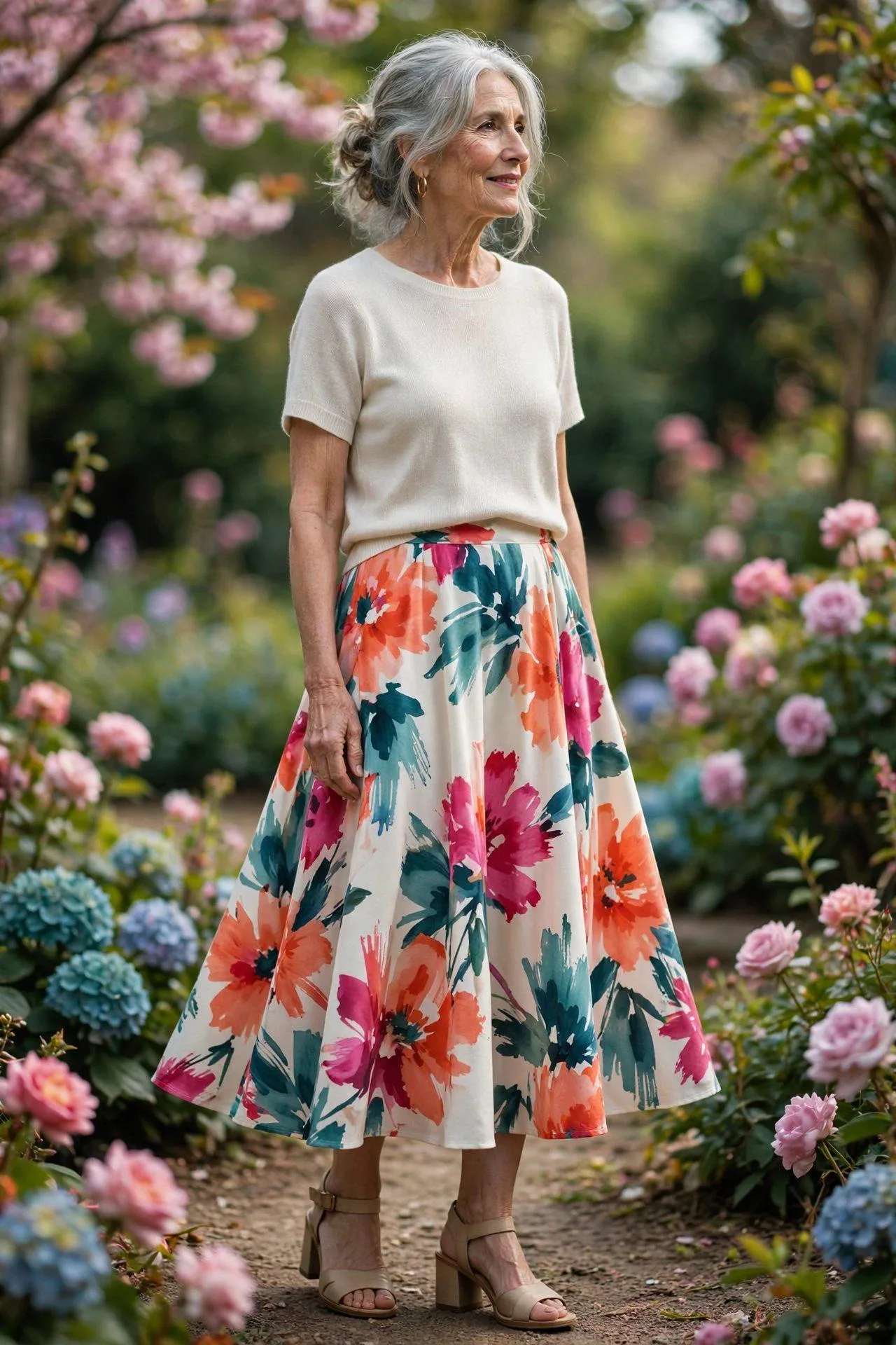 Bold Floral Midi Skirt + Simple Knit Top