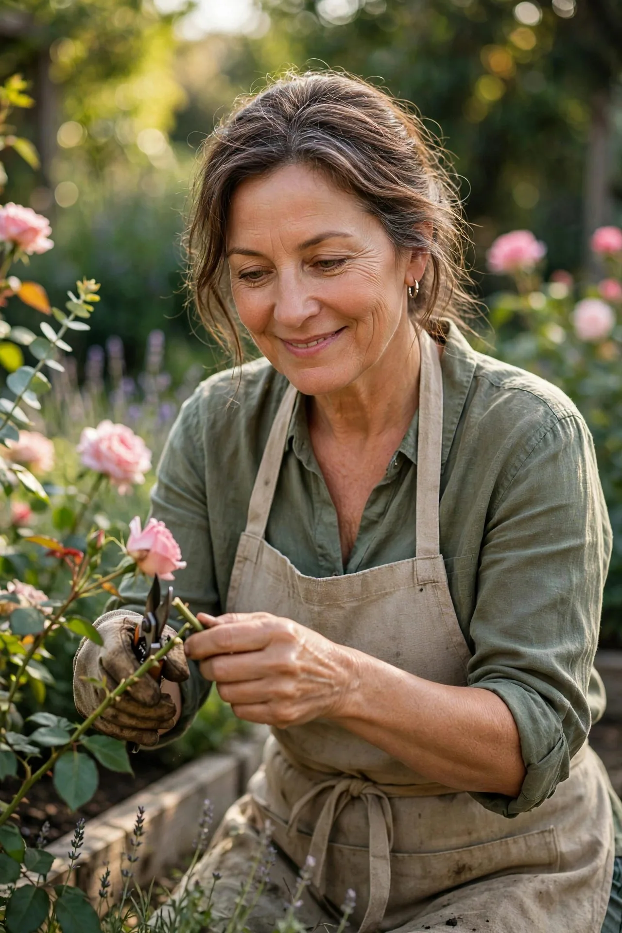 Older woman tending her garden alone on a calm morning
