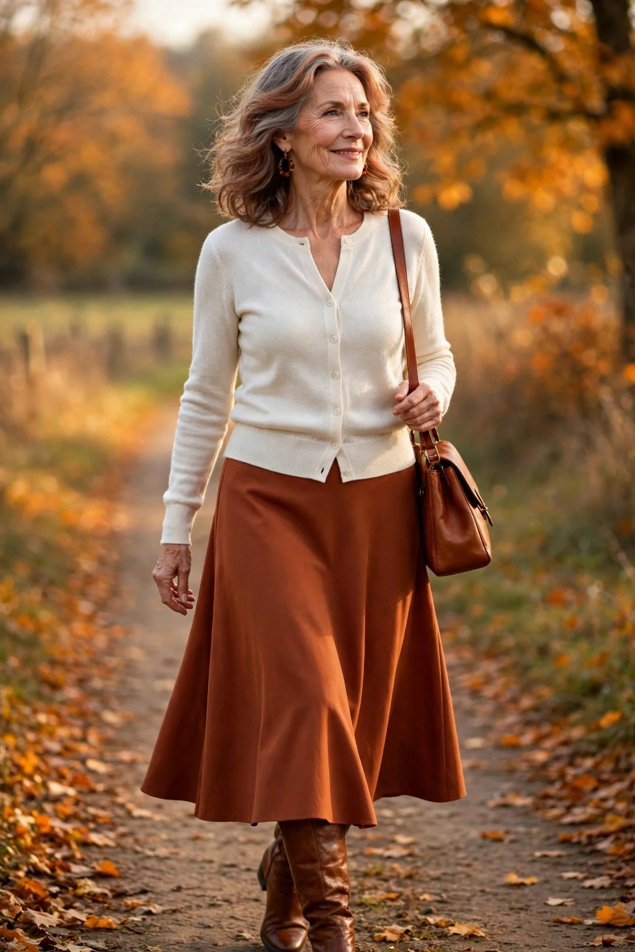 Mature woman strolling in terracotta skirt and ivory cardigan.