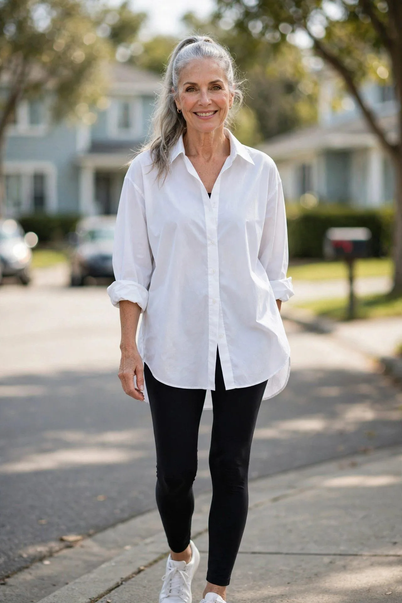 Casual sophistication: older woman in white shirt and black leggings