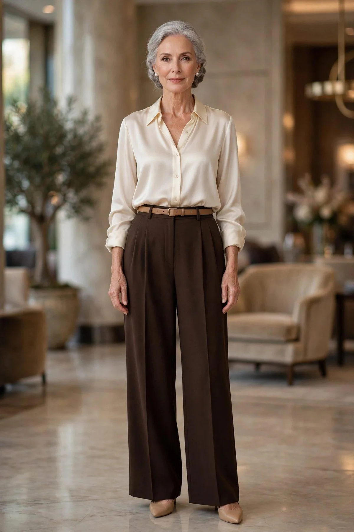 Cream Silk Blouse & Espresso Trousers