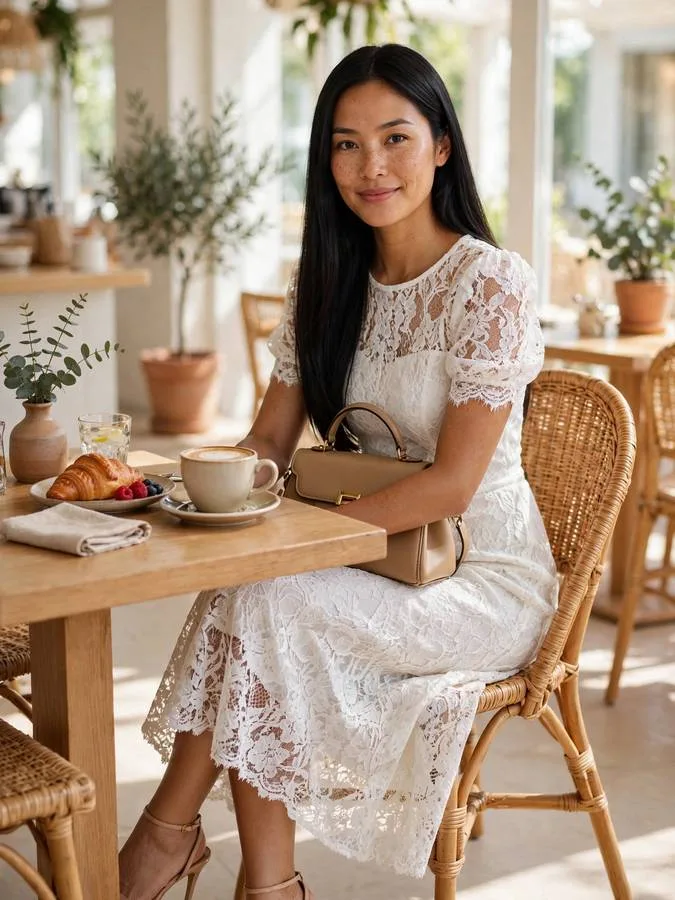 A woman in a white lace midi dress with nude heels.