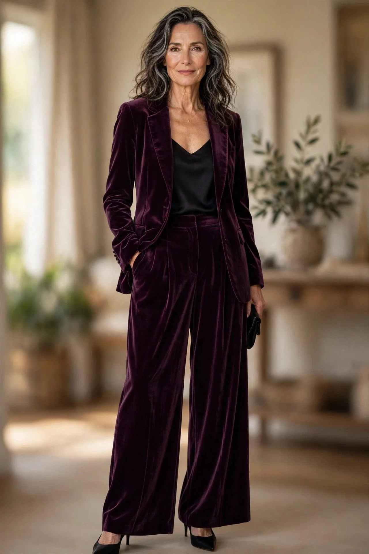 Woman over 50 in a rich plum velvet pantsuit with a black silk camisole underneath