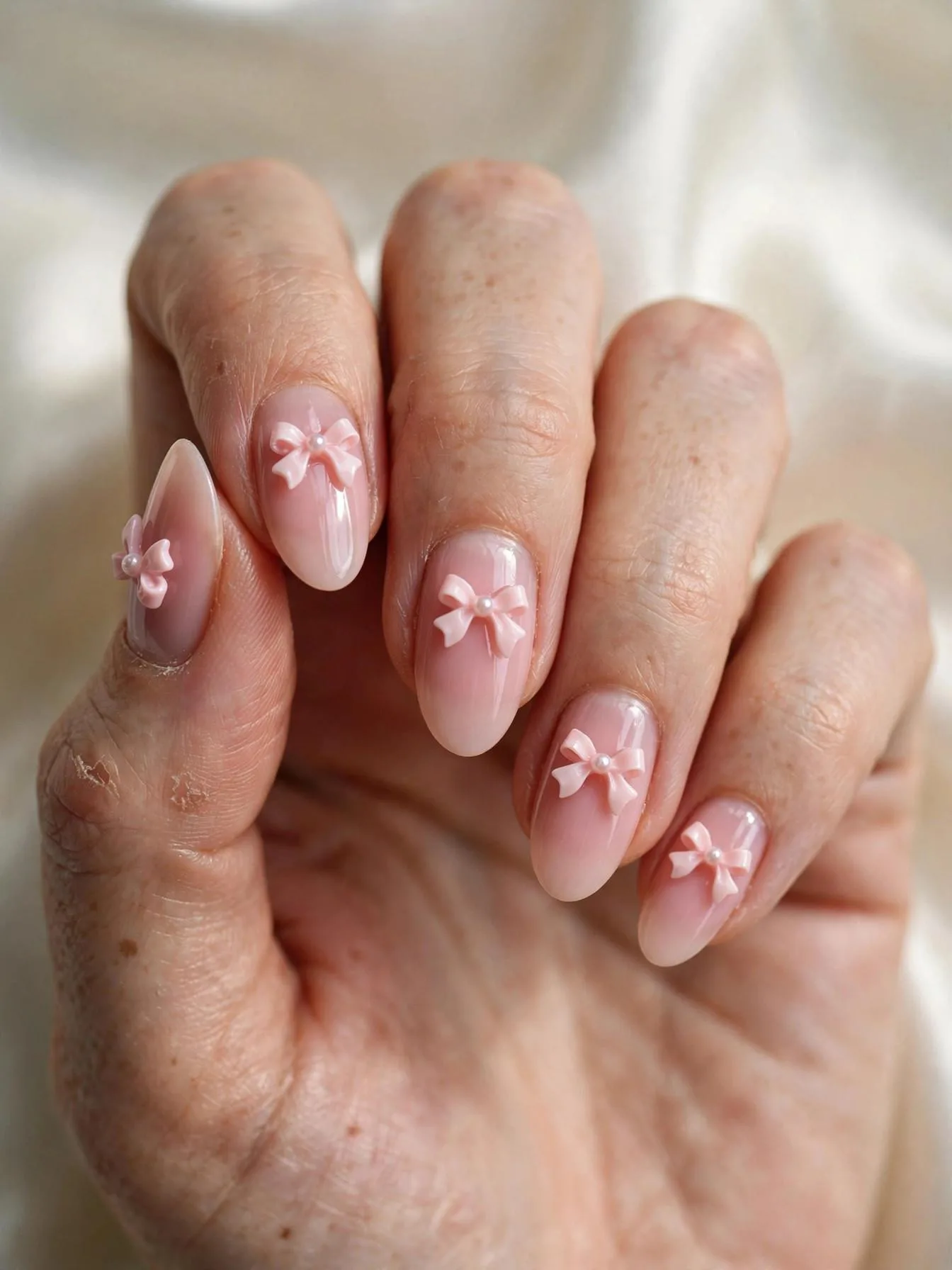 Soft pink almond nails adorned with a petite pearl bow charm.