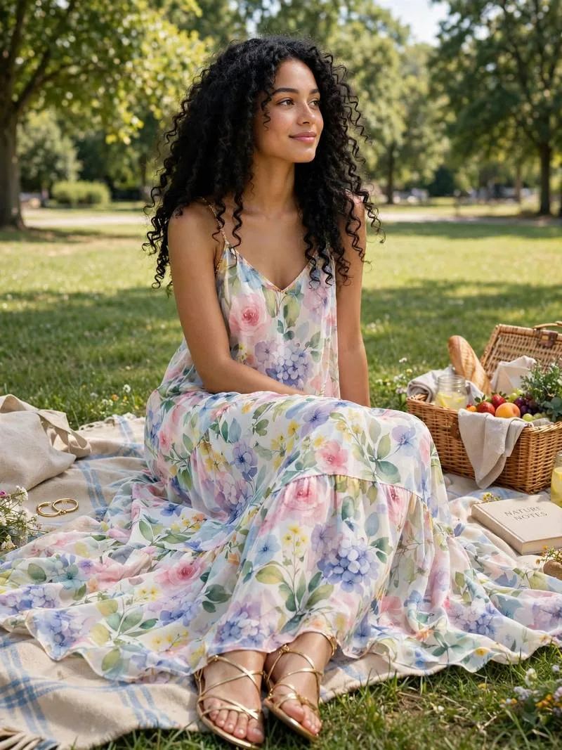 Floral watercolor maxi dress with strappy sandals at a picnic.