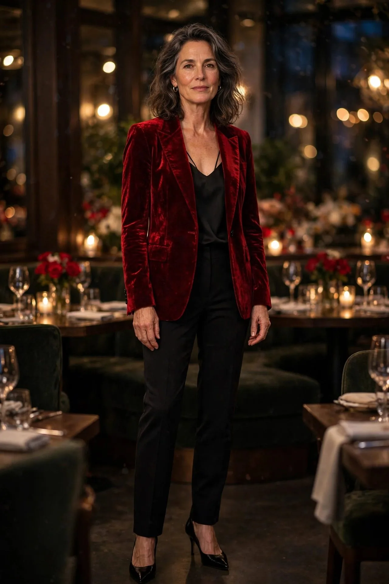 Stylish woman in wine velvet blazer with black trousers