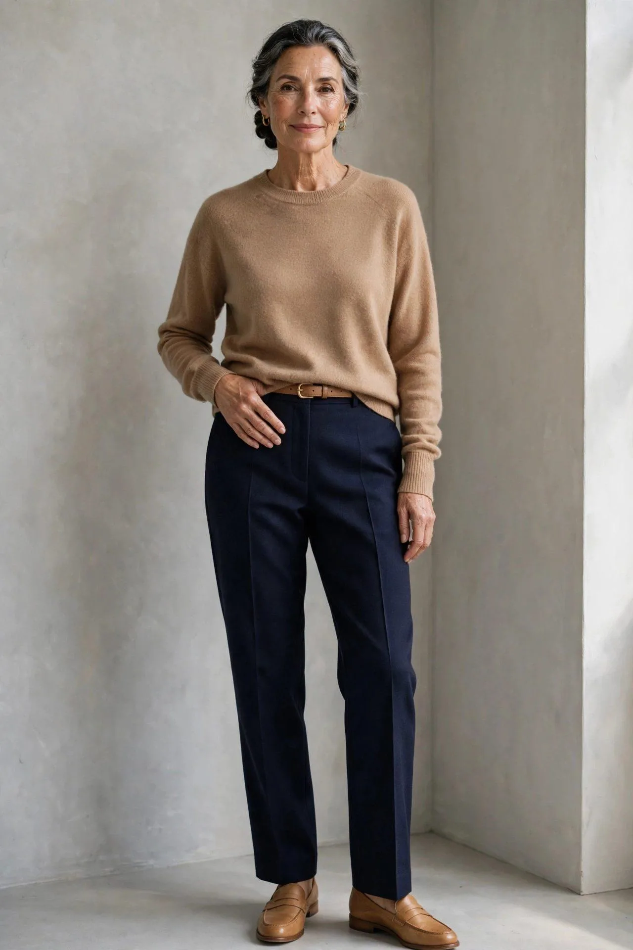 Woman in her late fifties modeling a soft camel cashmere pullover paired with dark navy pants and tan slip-on shoes, understated luxury ensemble.