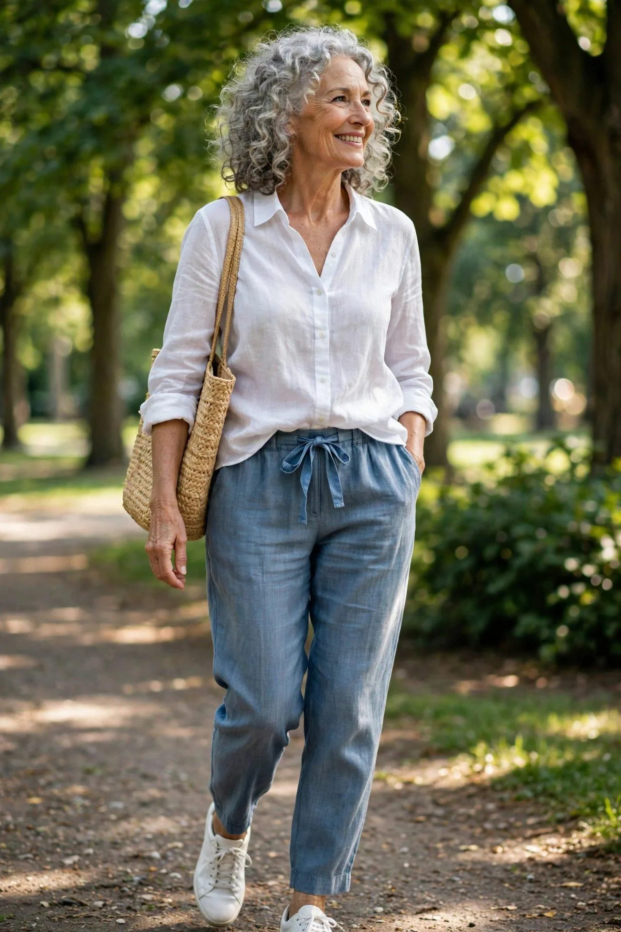 Soft Blue Linen Drawstring Trousers