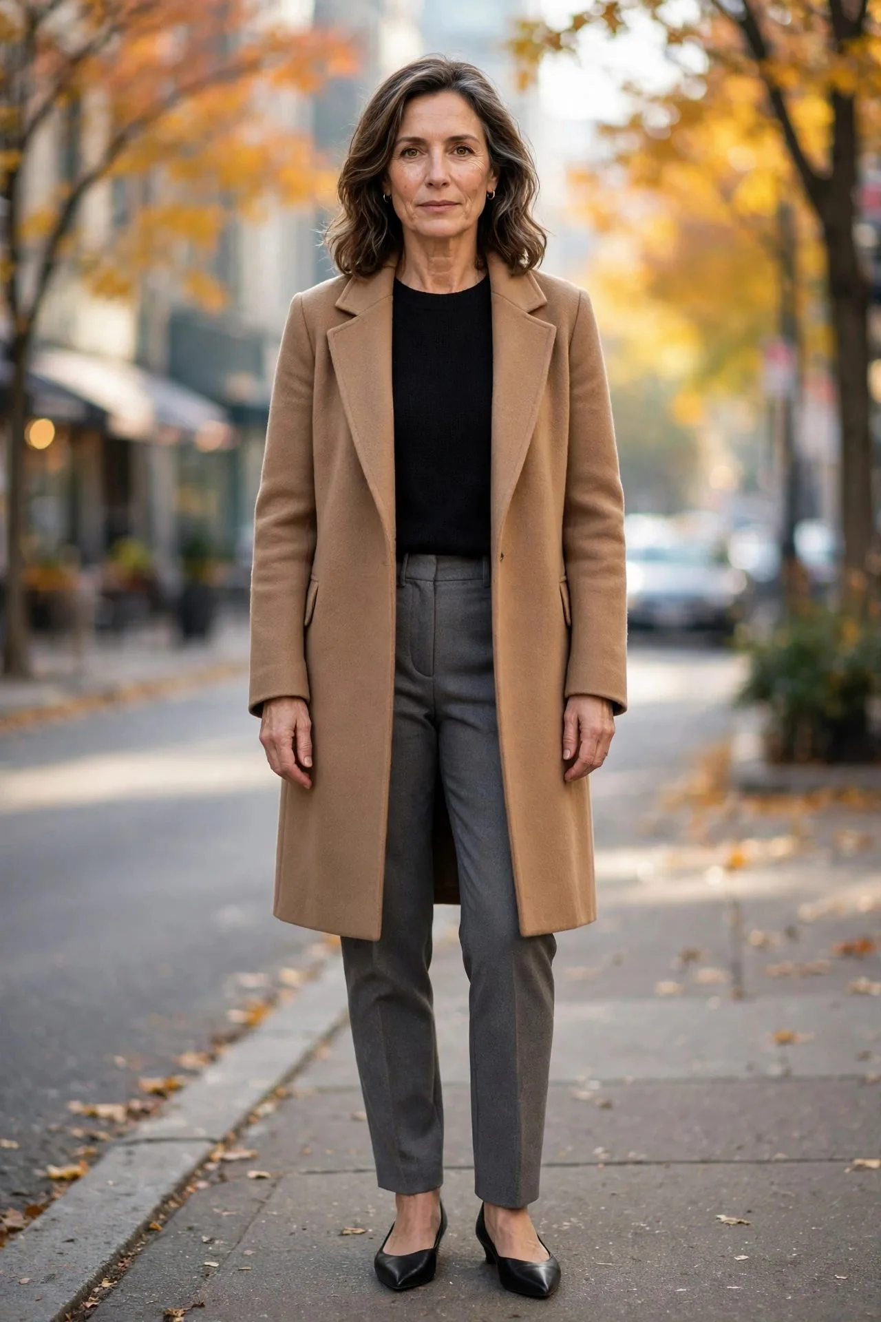 Woman over 50 wearing camel coat with gray high-waist trousers.