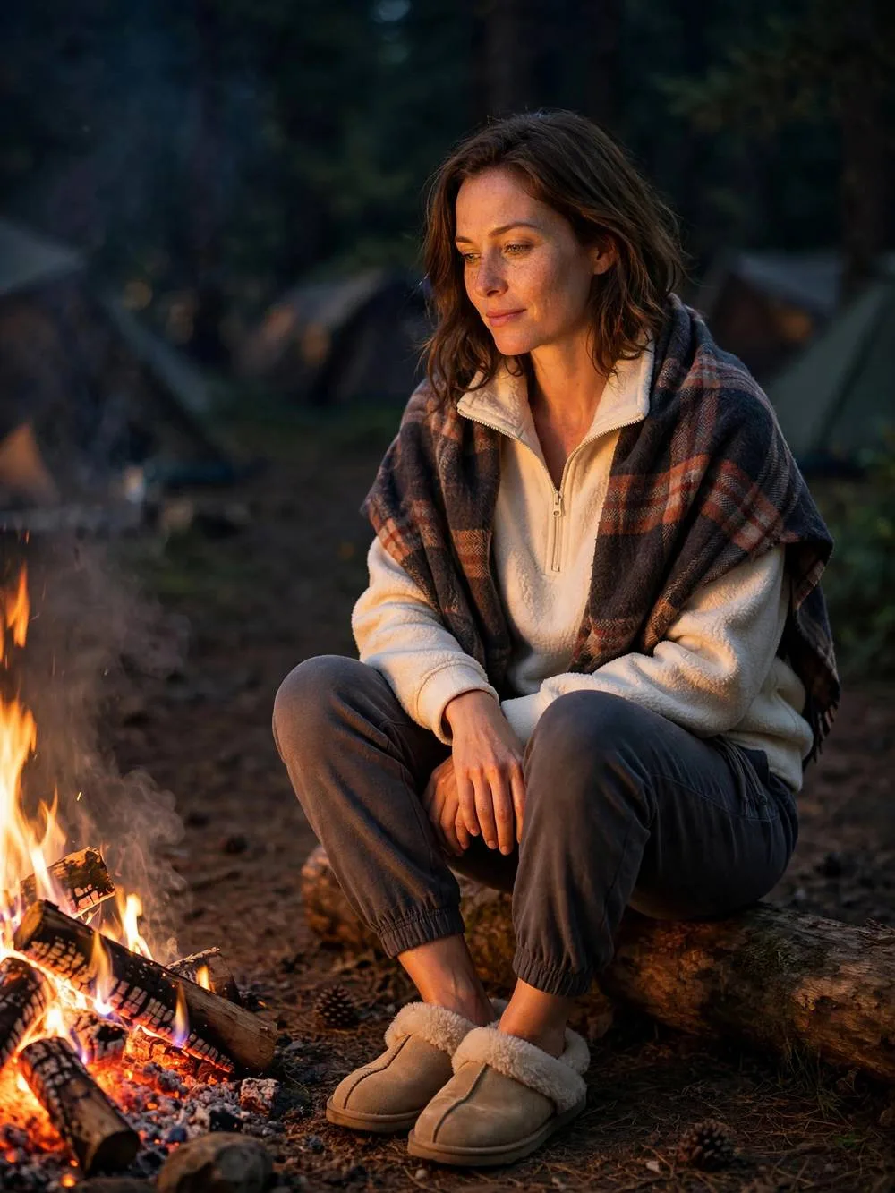 Woman in cream half-zip fleece and joggers beside glowing campfire at night.