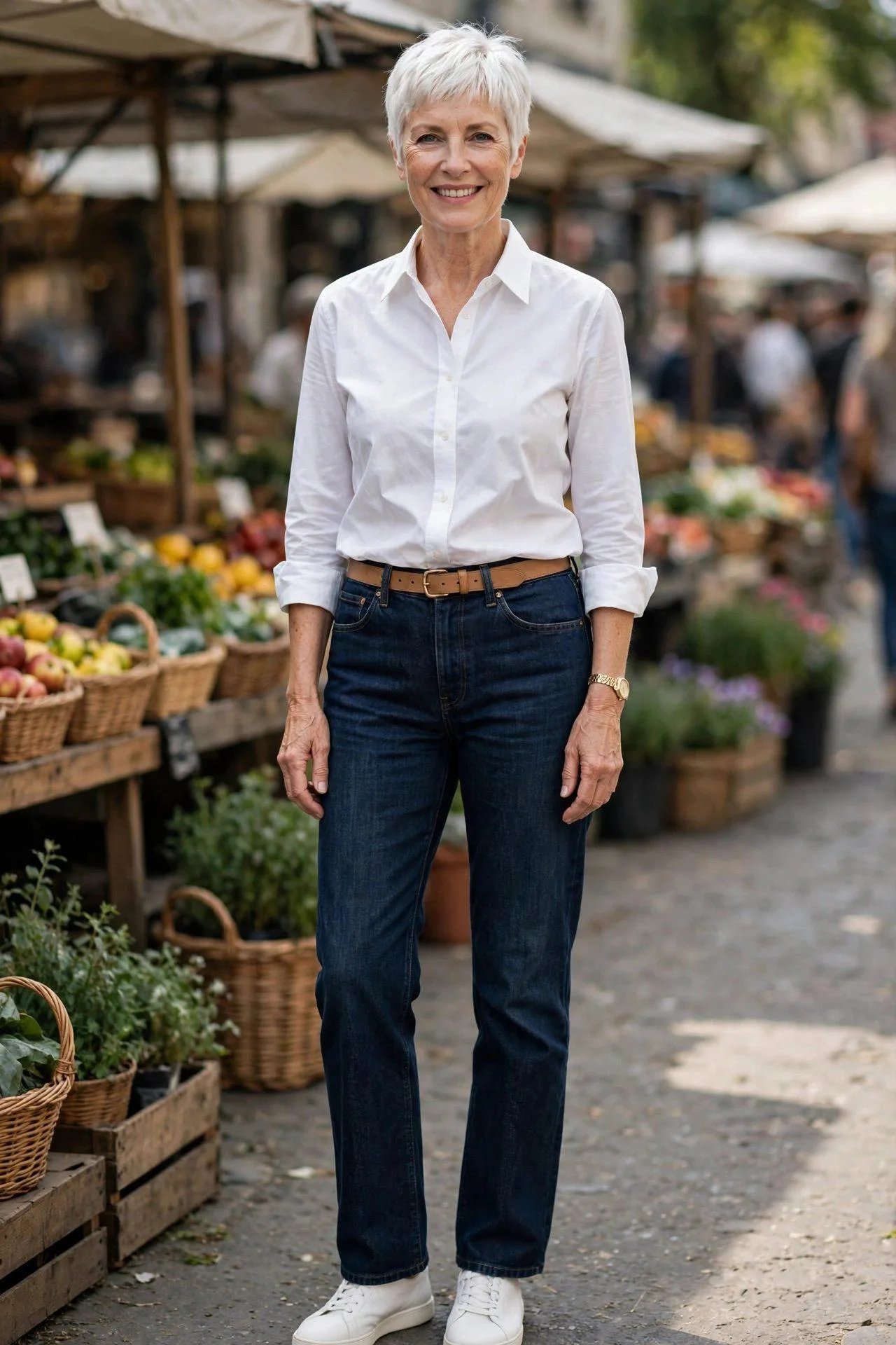 Glowing older woman in dark wash straight denim with a crisp white shirt and white leather trainers, elevated everyday denim.