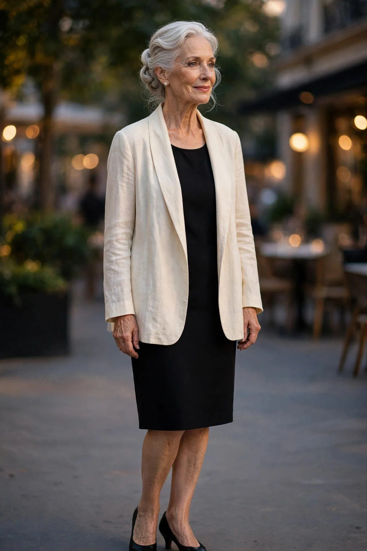 Light ivory jacket contrasting a simple black dress elegantly