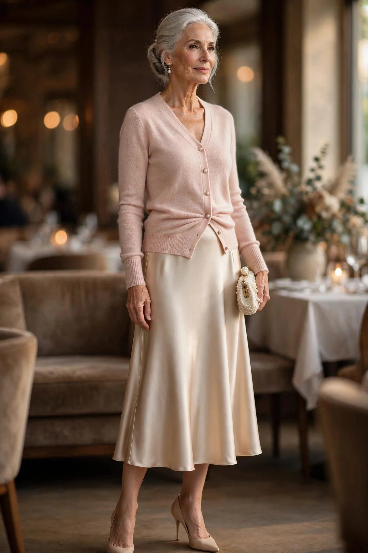 Woman in her early 60s wearing a blush fine-knit cardigan with pearl buttons and a champagne satin A-line skirt with nude heels, a pearl clutch and pearl earrings.