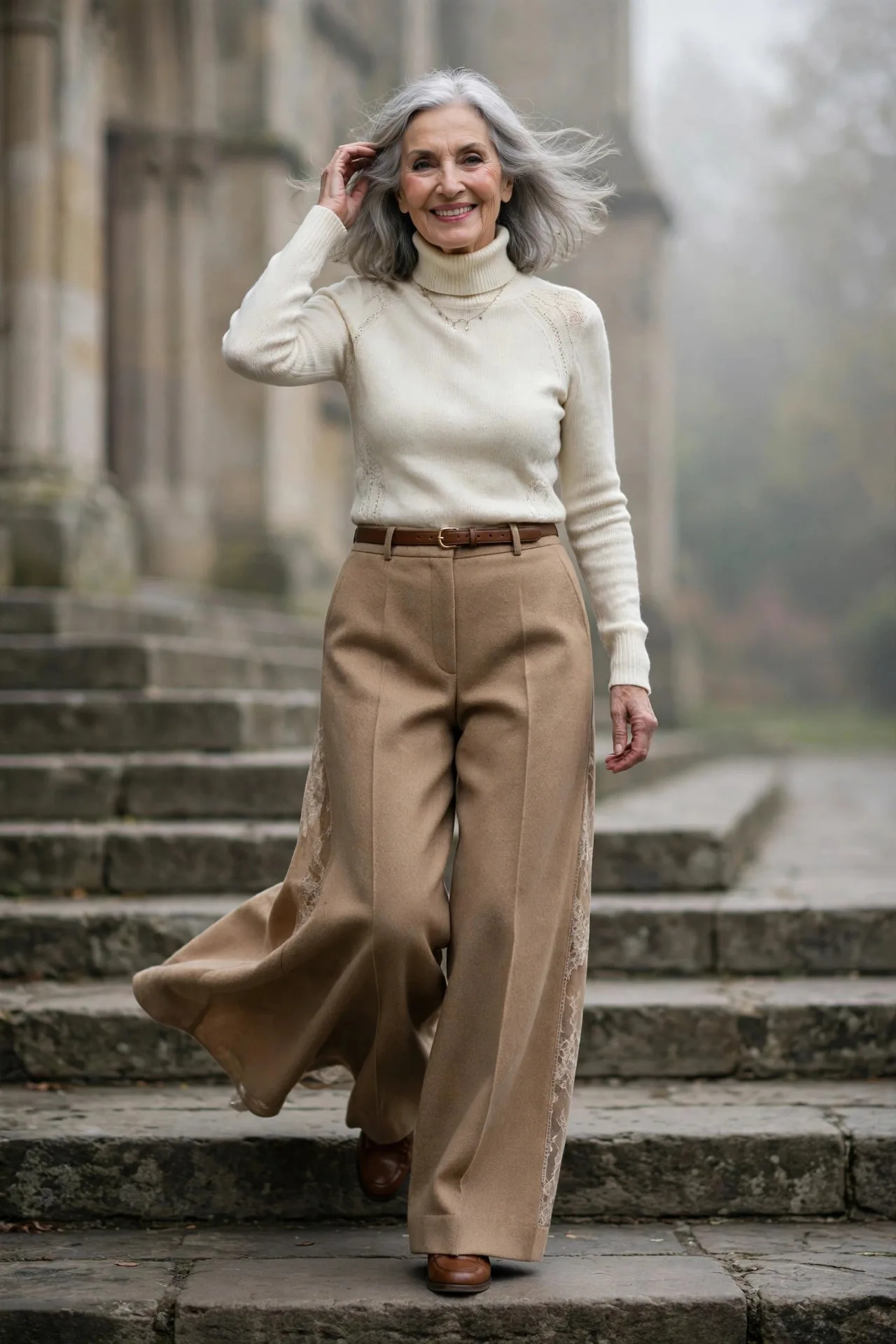 Wide-Leg Wisdom — An ivory fitted merino turtleneck tucked into high-rise camel wool wide-leg trousers, with a thin brown belt and brown leather loafers.