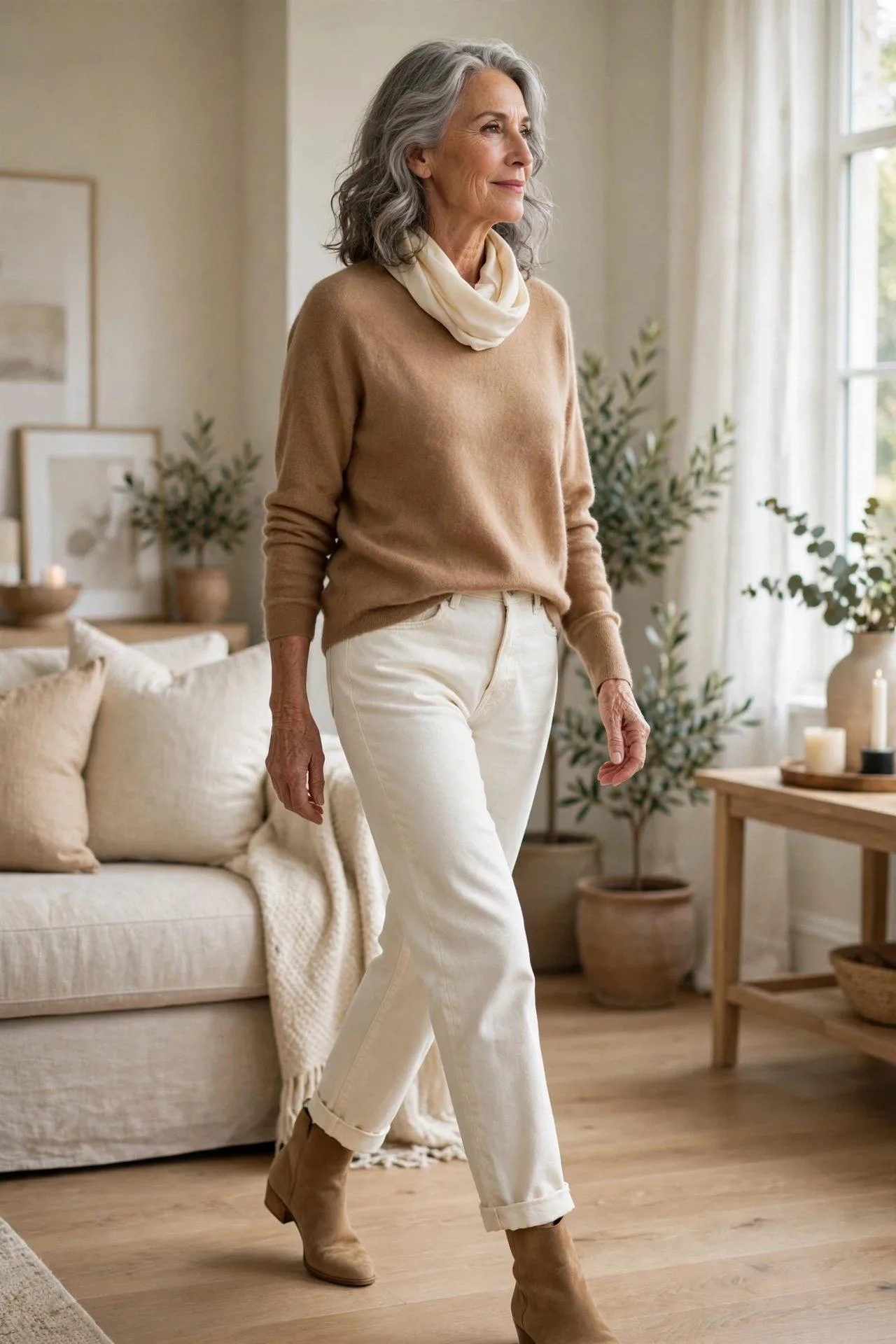 Mature lady in cream denim and soft camel sweater with tan boots
