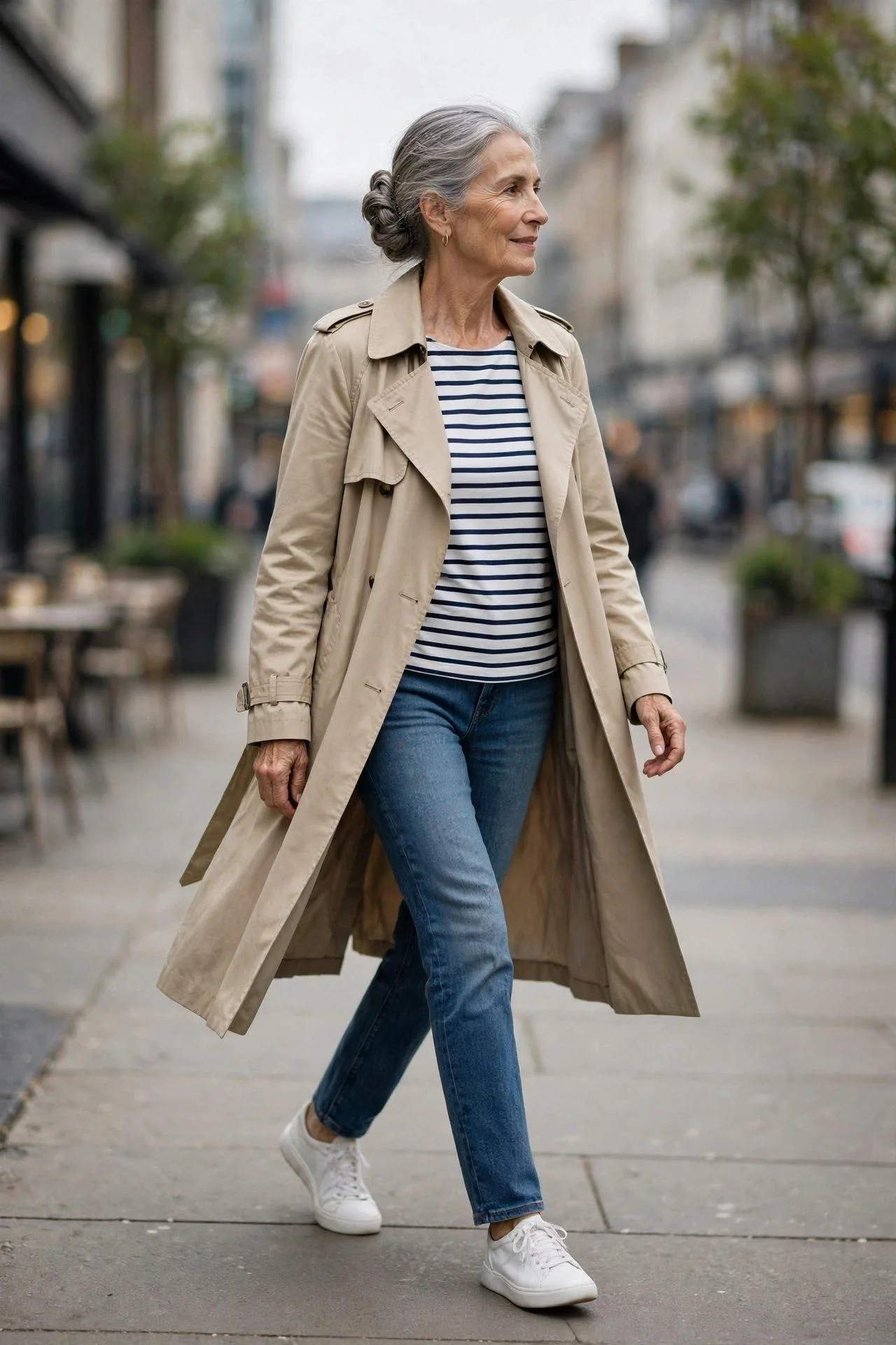 Senior woman in timeless beige trench layered over Breton stripes and denim