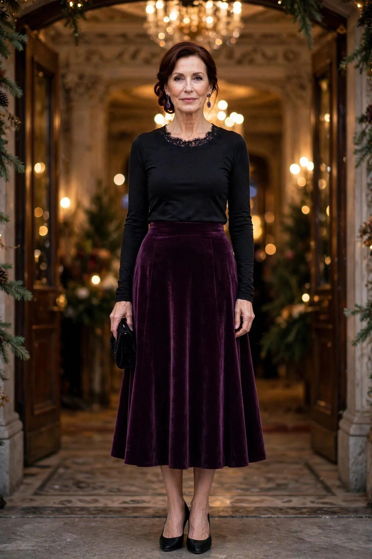 Glamorous mature woman in plum velvet skirt at gala.