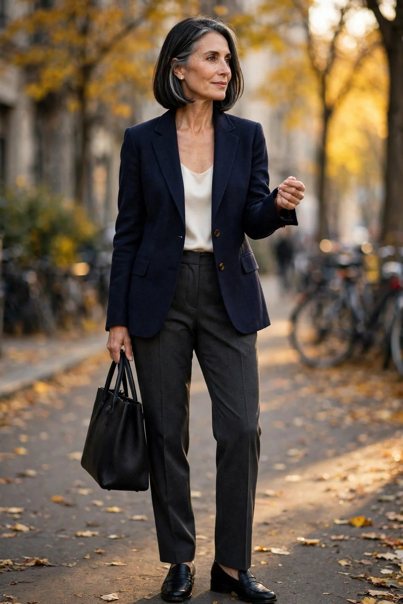 Self-assured woman past fifty wearing a midnight blue structured jacket over a champagne camisole with slate trousers, heritage tailoring.
