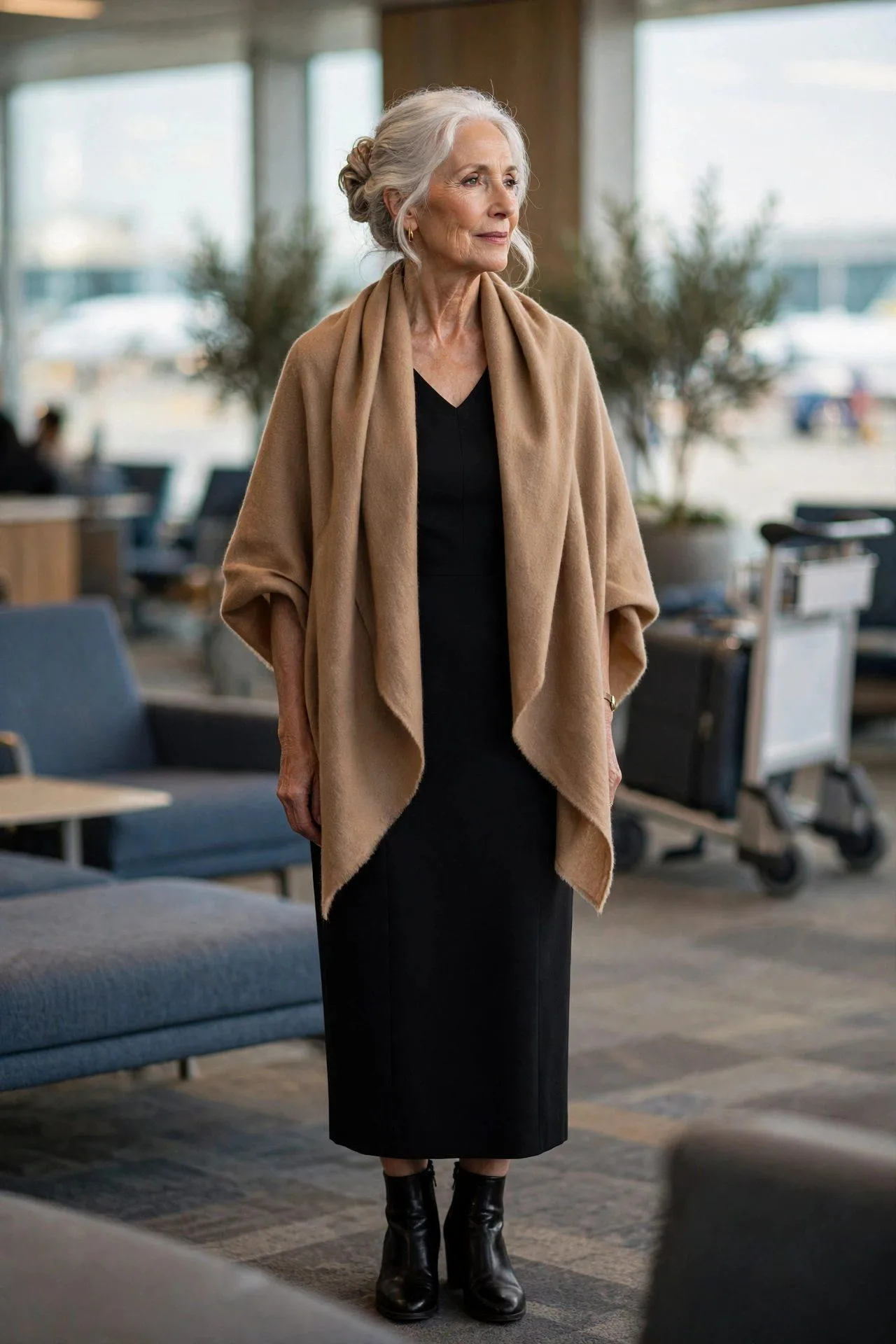 Travel-ready mature woman wrapped in luxurious camel shawl