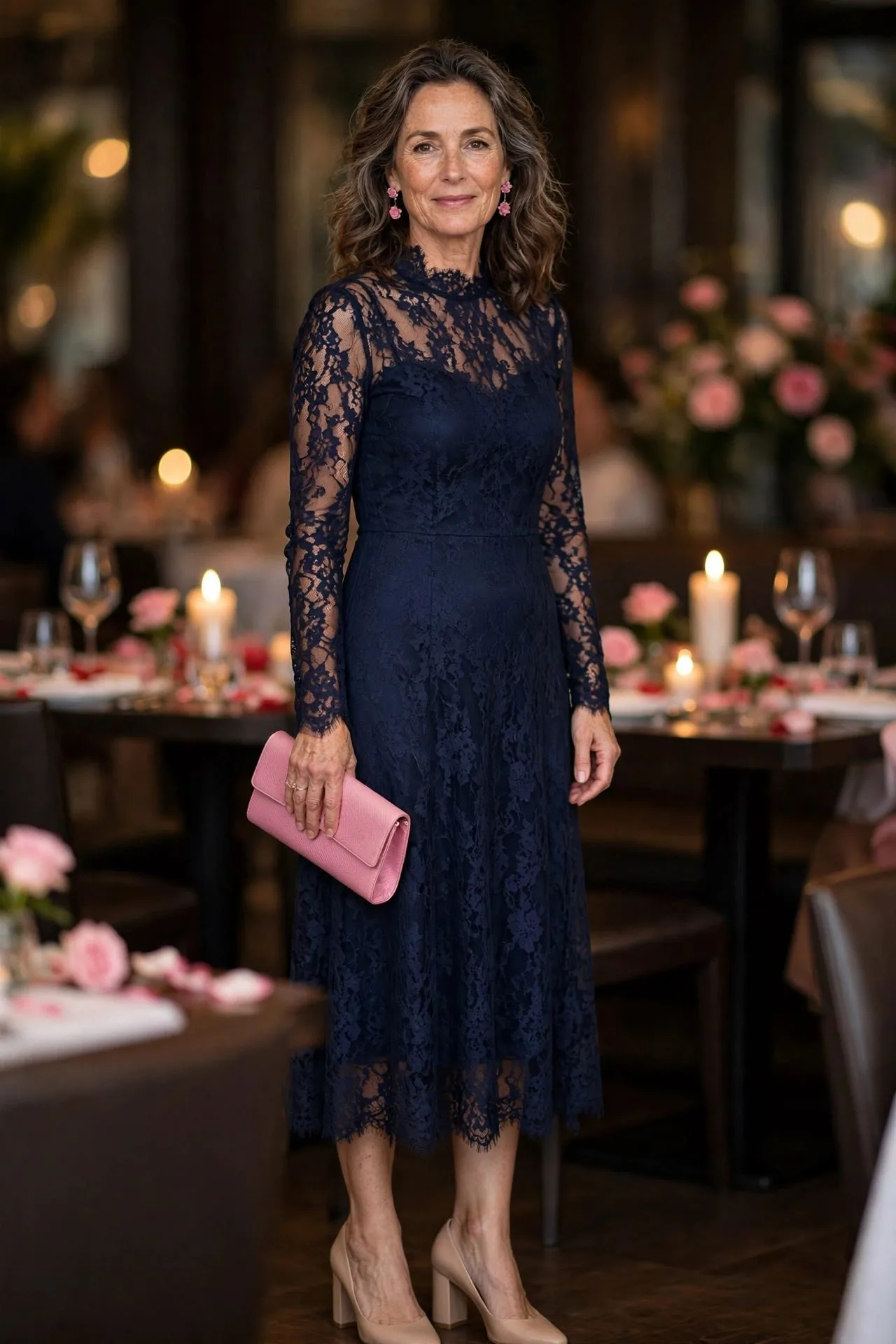 Mature woman in navy lace dress with rose gold accessories