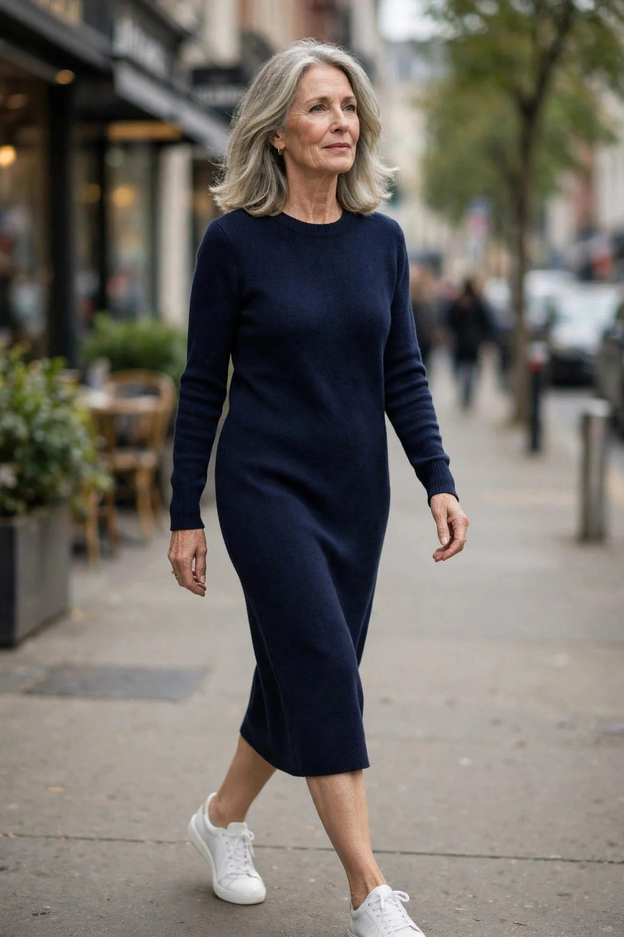 Woman in her 50s wearing navy midi knit dress paired with clean white sneakers