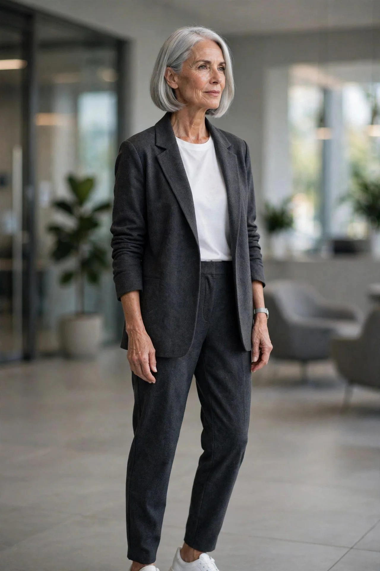 Polished silver-bobbed woman in a charcoal soft suit with crisp white tee and sneakers.