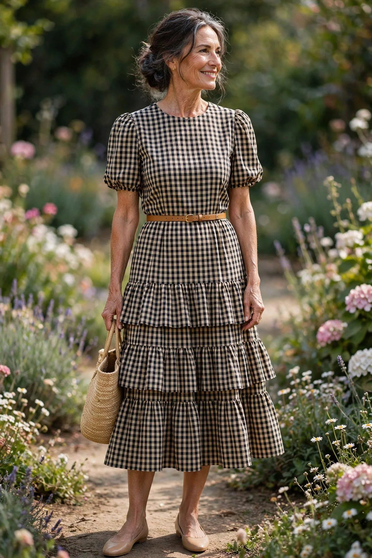 Cheerful woman in her late 50s in a black-and-cream gingham midi dress with puff sleeves and a tiered skirt, cinched with a tan belt, straw tote and nude flats.