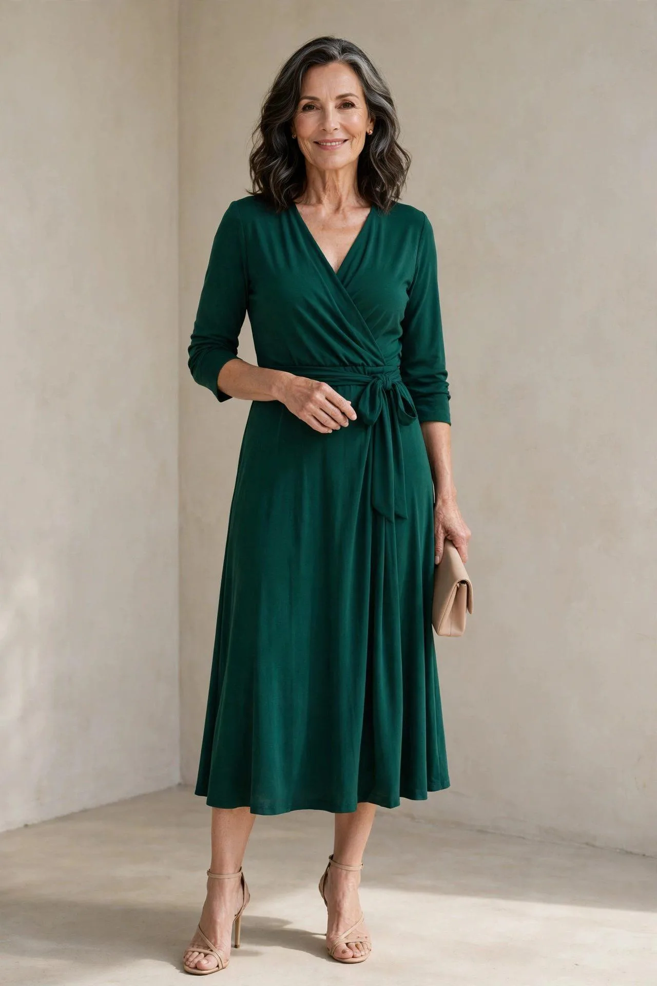 Graceful woman approaching sixty in a jewel-tone emerald wrap dress with a tie waist