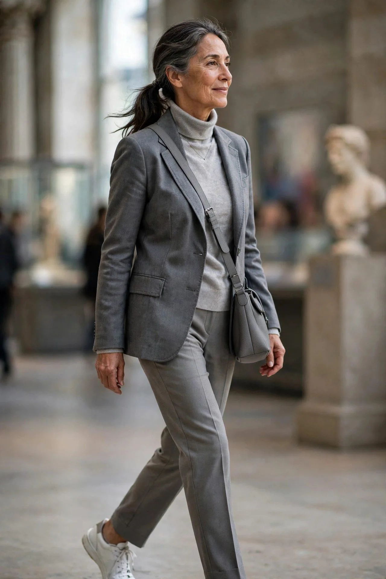 Tonal grey suiting softened with comfortable white trainers