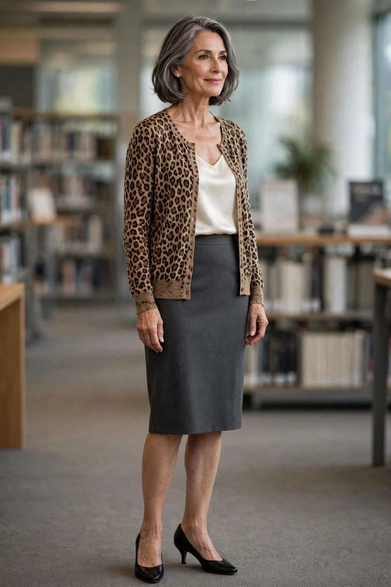Polished professional wearing leopard knit cardigan with ivory shell and dark skirt