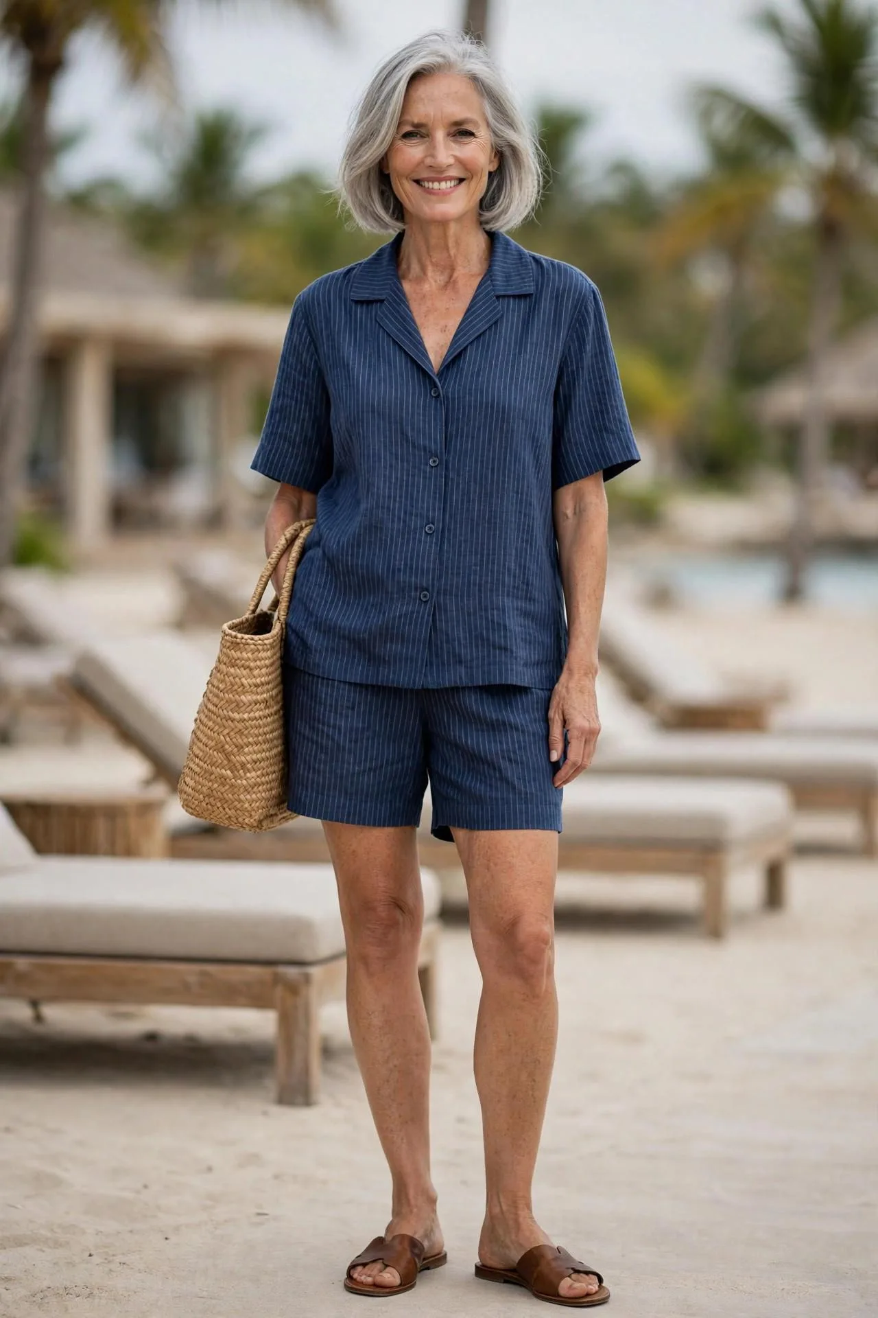 Cheerful mature woman in striped linen shorts set enjoying beach vacation