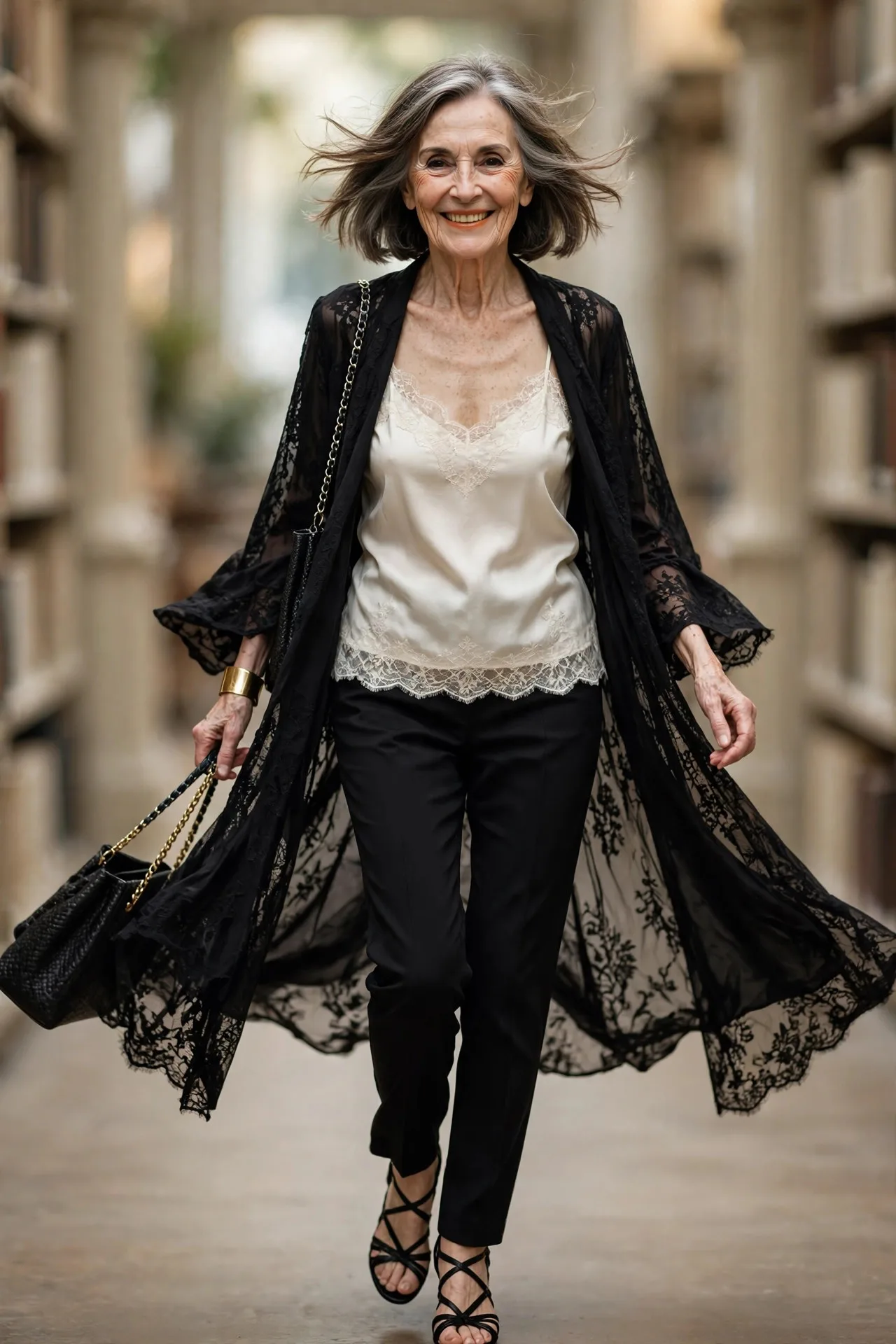 Duster After Hours — An ivory silk camisole tucked into black slim crepe trousers, with a black silk duster coat worn open, strappy black heels and a gold cuff.