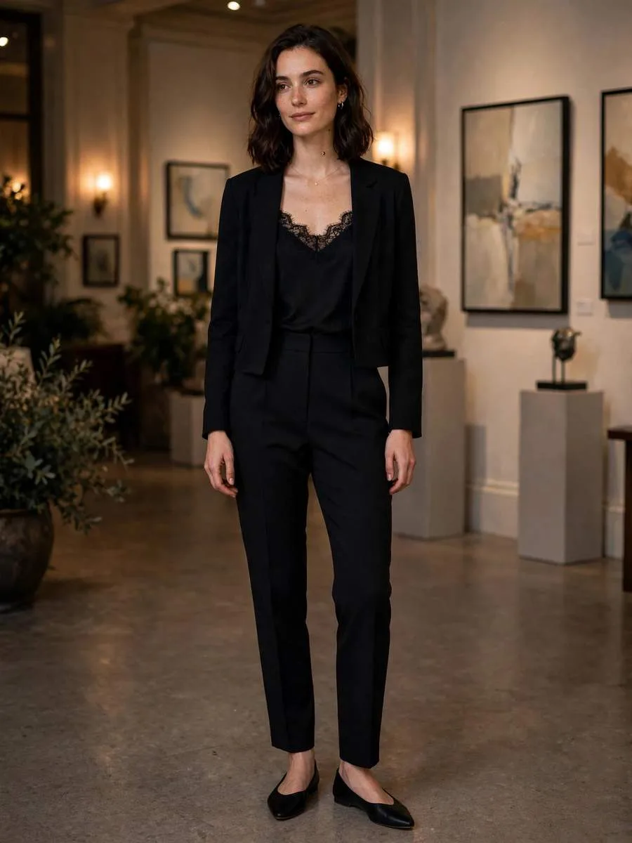 Woman in a strappy lace bralette with trousers and a cropped blazer.