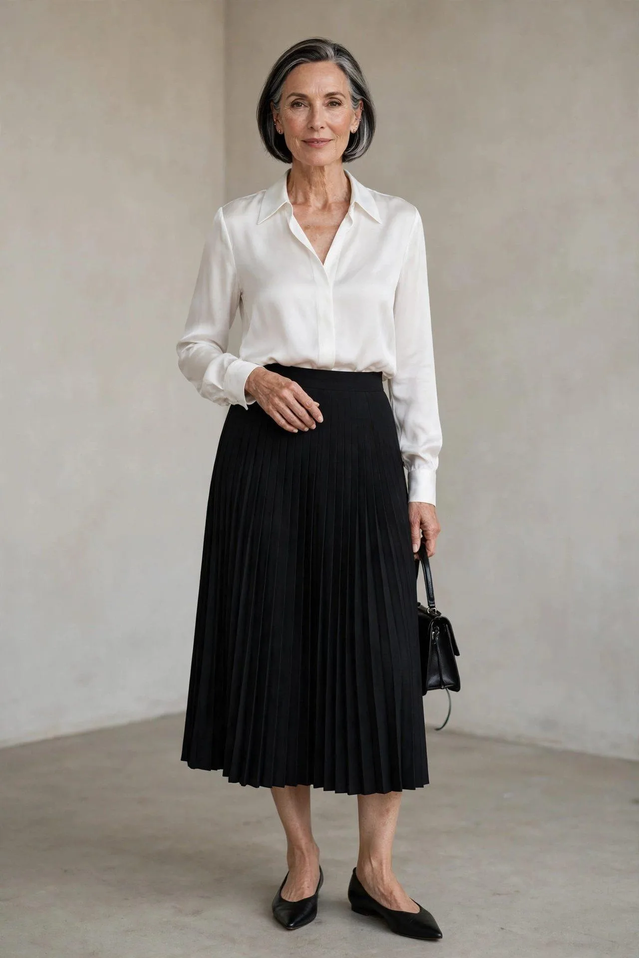 Stylish woman over 50 wearing black pleated midi and silk blouse.