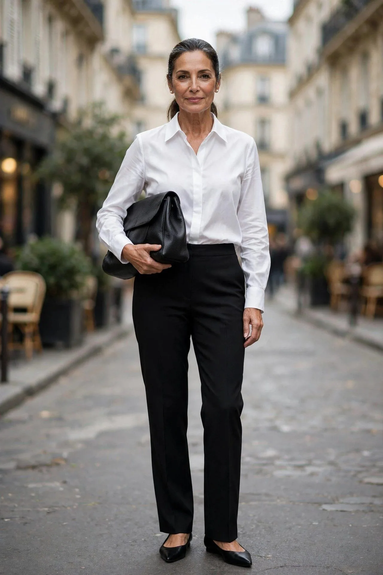 Polished woman carrying a structured black baguette bag with a crisp white shirt and tailored black pants in Paris.