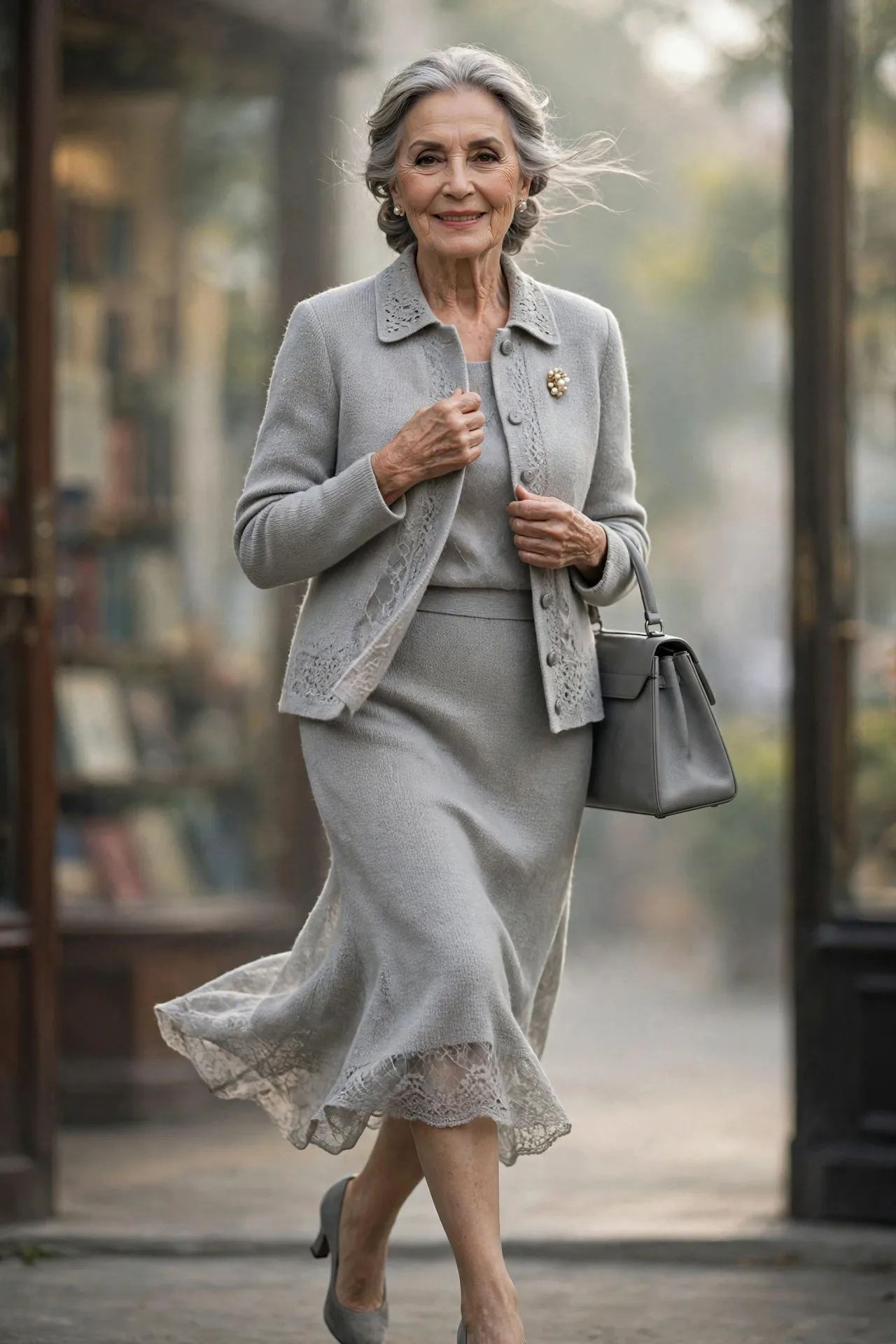 Sunday Best Suit — A pearl-grey fine-knit skirt suit — softly shaped collarless jacket with covered buttons and a knee-length pencil skirt.
