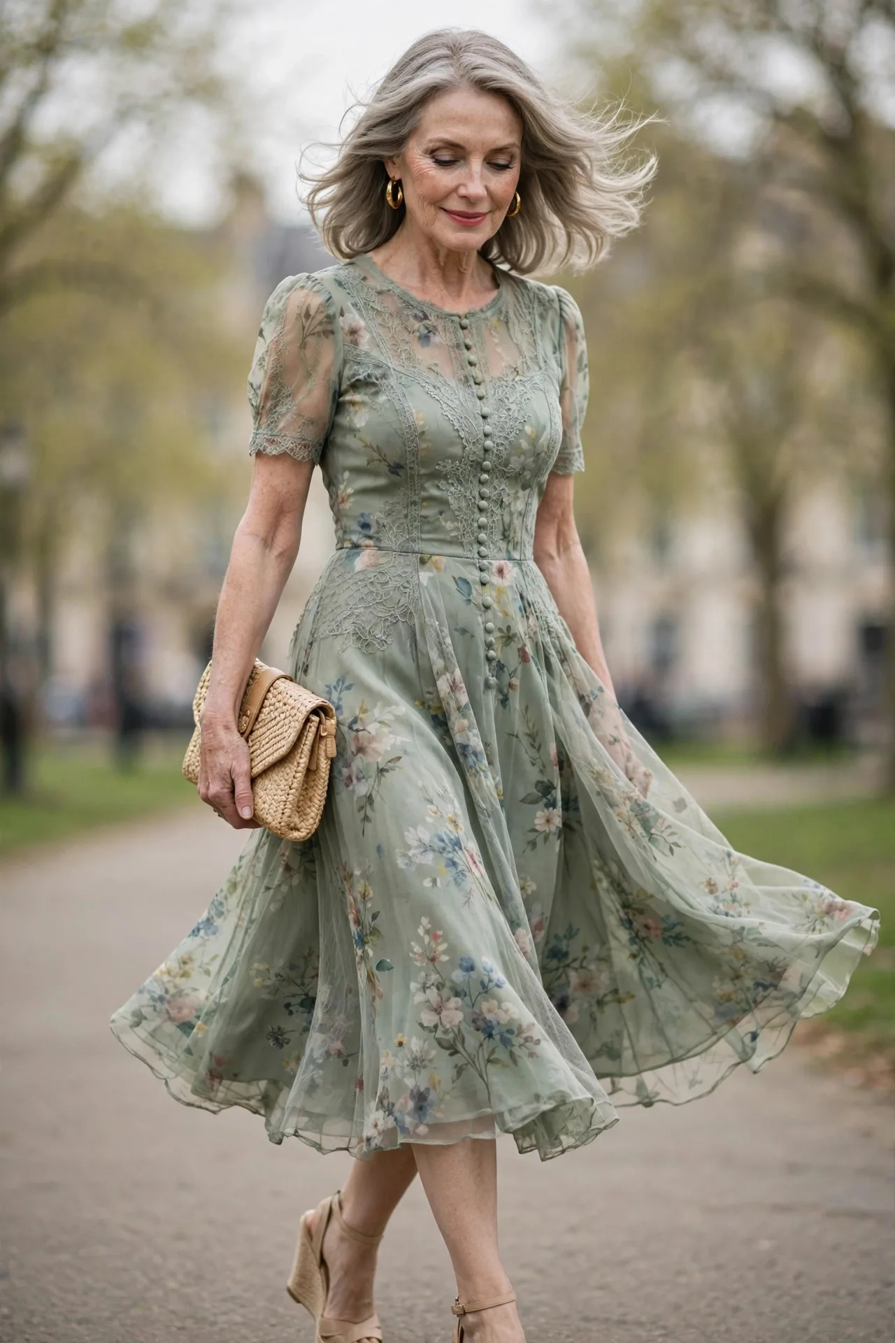 Cheerful mature woman in sage floral tea-length dress at garden wedding