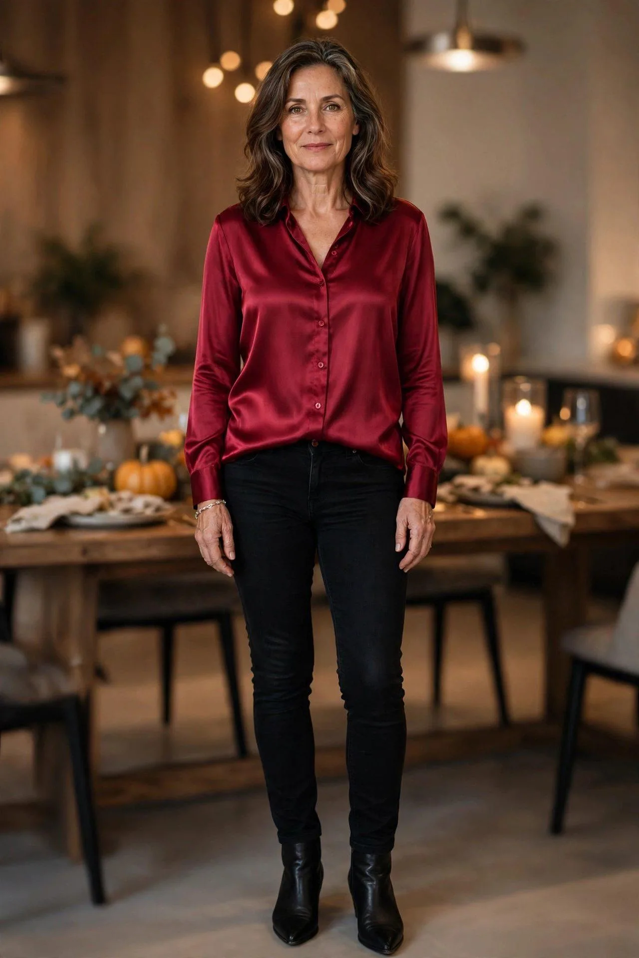 Woman over 50 in cranberry satin blouse and black jeans.