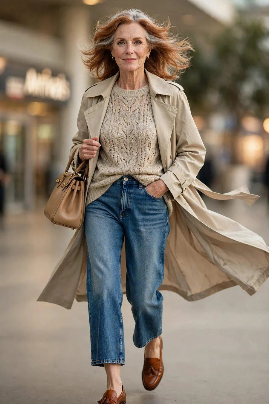Stylish mature woman in cropped jeans and oatmeal sweater with loafers