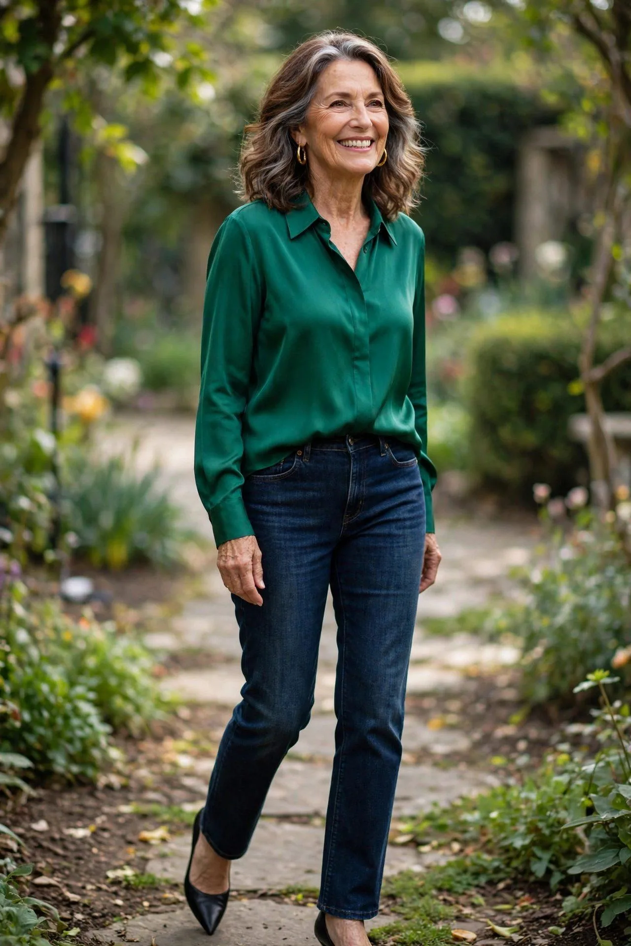 Glowing mature woman in jewel-green blouse with dark straight jeans