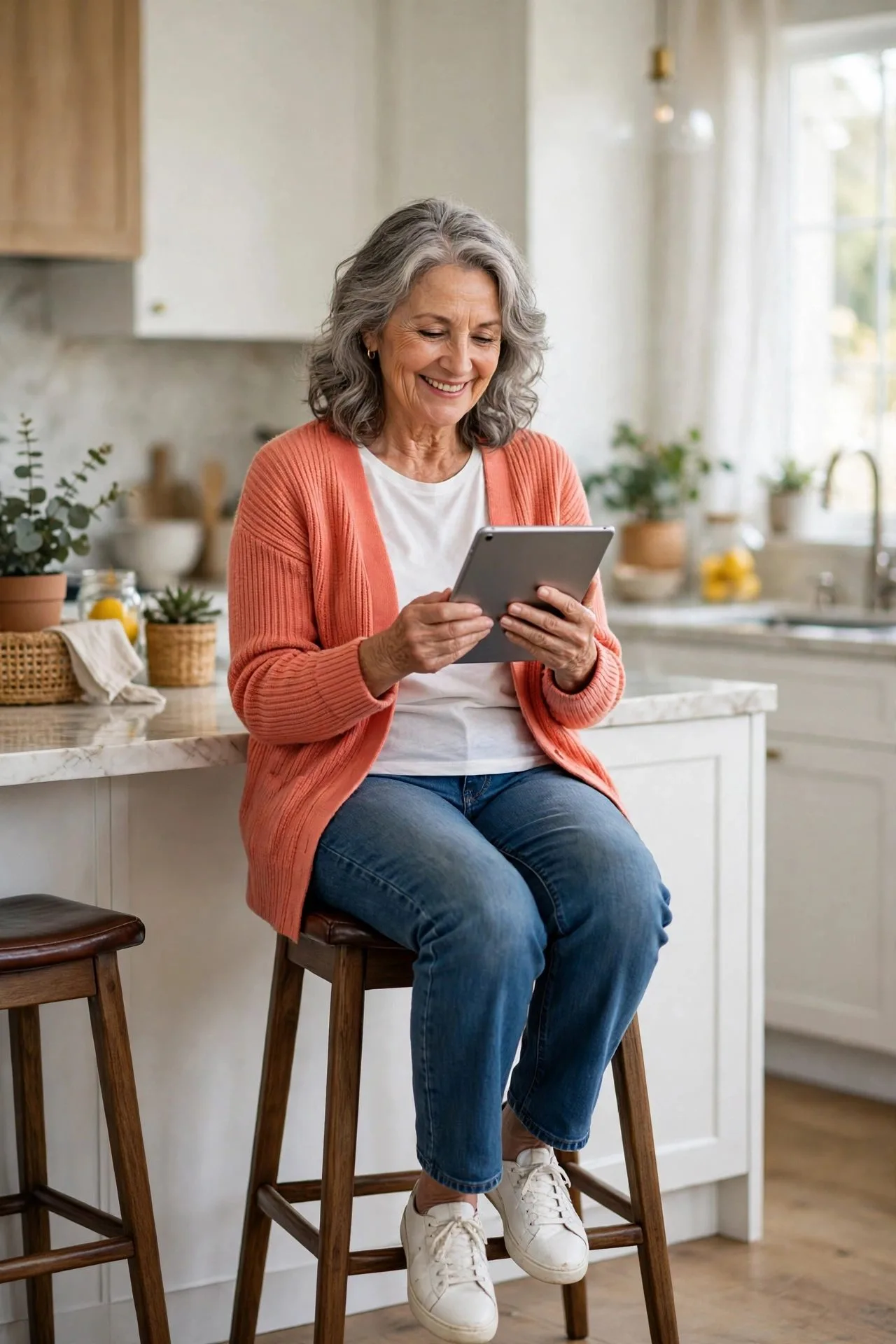 Woman over 60 video calling family on smartphone smiling