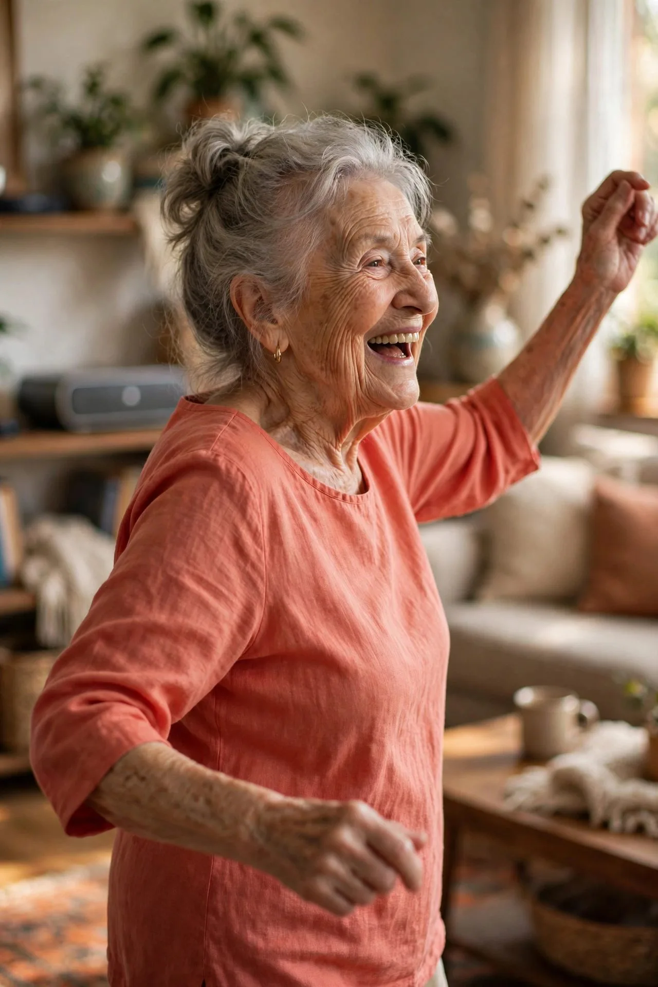 Older couple dancing joyfully together in their living room.